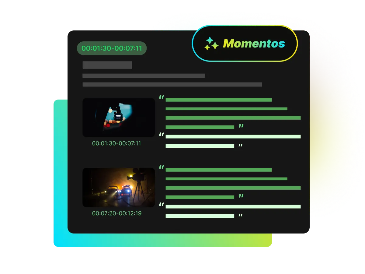 O recurso "Moments" do resumidor do WayinVideo, destacando clipes-chave e compartilháveis identificados por IA a partir de um vídeo mais longo.